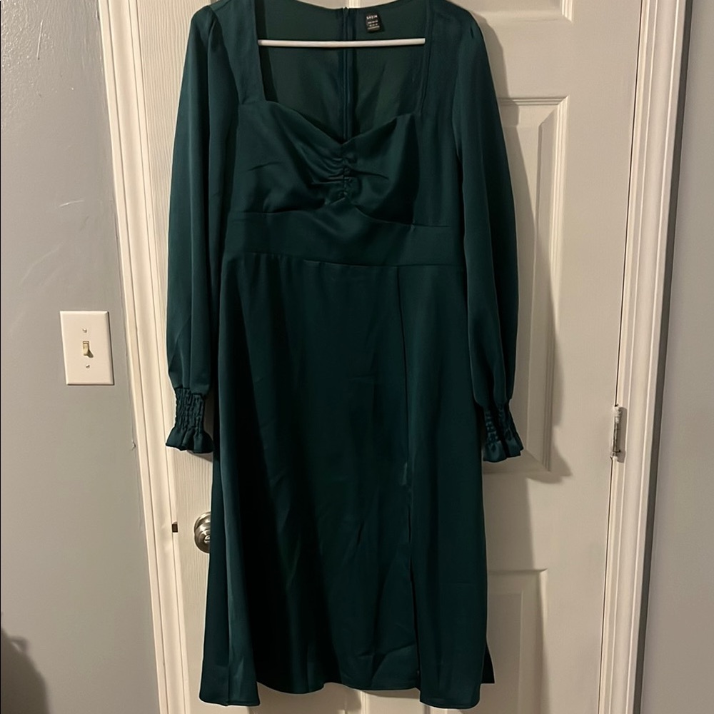 SHEIN Deep Forest Green Long Sleeve Sundress with Square Neck and Ruched Detail